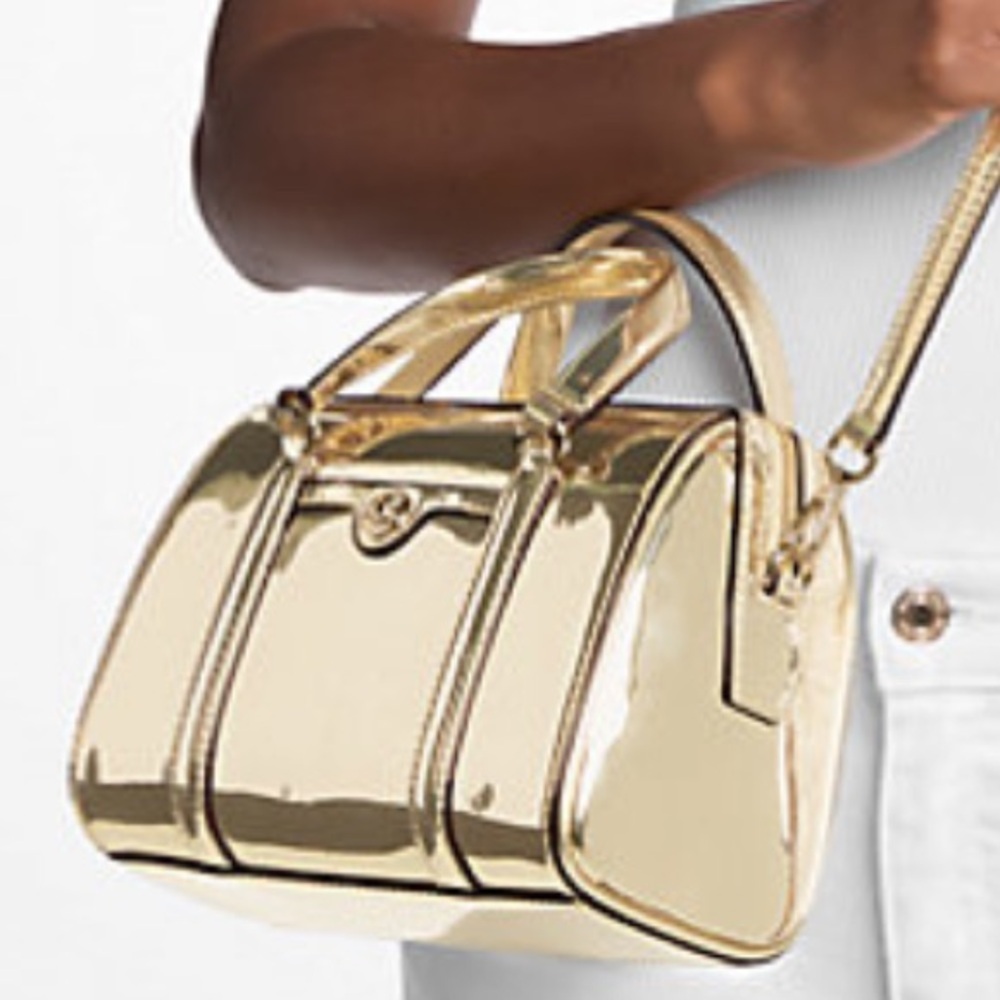 MICHAEL KORS Jet Set Small Metallic Convertible Crossbody Duffle Xbody Bag 
Pale